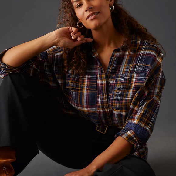 Anthropologie Pilcro Cropped Plaid Button-Down Shirt Top Blue Small Oversized - Picture 6 of 16